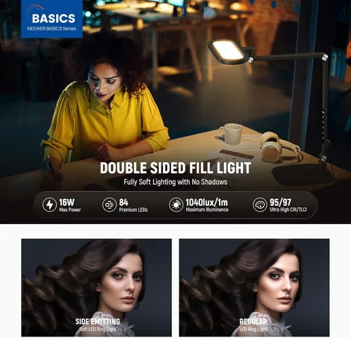 Miniatura 3 de NEEWER Basics - Lámpara LED de escritorio de 16 W para iluminación de lectura de videoconferencias en casa, oficina en casa, cuidado de los ojos
