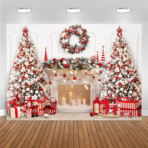 Miniatura 10 de Mocsicka Telón de fondo para chimenea de Navidad blanco y rojo, fondo para fotografía de árbol de Navidad, invierno, Navidad, familia, niños, fiesta