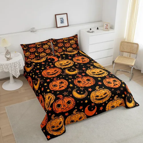 Miniatura 3 de Juego de edredón de calabaza para niños, con estampado de calabaza, estilo Halloween, juego de ropa de cama para niños, juego de ropa de cama