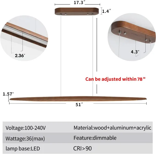 Miniatura 3 de YISDESIGN Lámpara colgante lineal de madera de 51 pulgadas, lámpara moderna para mesa de billar, luces de isla de cocina para comedor, bar, isla