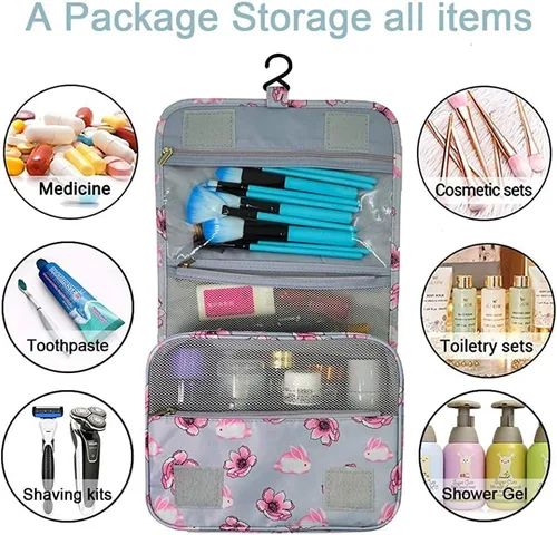 Miniatura 2 de Trawila Neceser colgante de viaje, bolsa de cosméticos, organizador de maquillaje para hombres y mujeres con gancho resistente, Gris (Grey Flower)