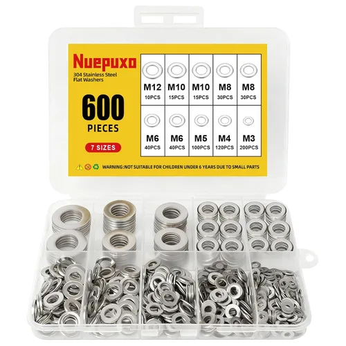 Kit surtido de 600 arandelas planas, arandelas metálicas de acero inoxidable 304, 7 tamaños (M3 M4 M5 M6 M8 M10 M12) arandelas para tornillos y