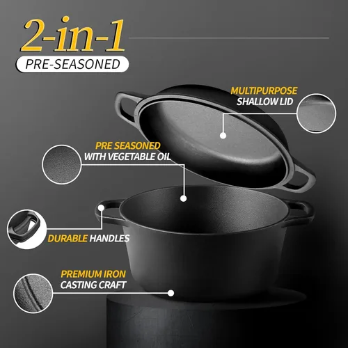 Miniatura 2 de EDGING CASTING Olla holandesa de hierro fundido pre-curada 2 en 1 con tapa de sartén para cocinar, juego de sartenes de hierro fundido con asas