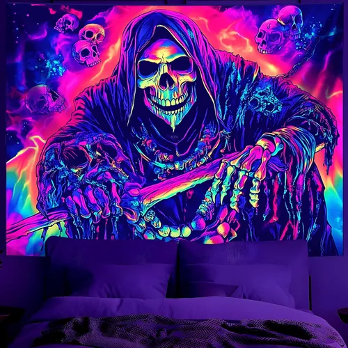 Miniatura 28 de BVBOX Tapiz de Halloween con luz negra, reactivo a los rayos UV que brilla en la oscuridad, póster de tapiz trippy con luz negra para sala de estar