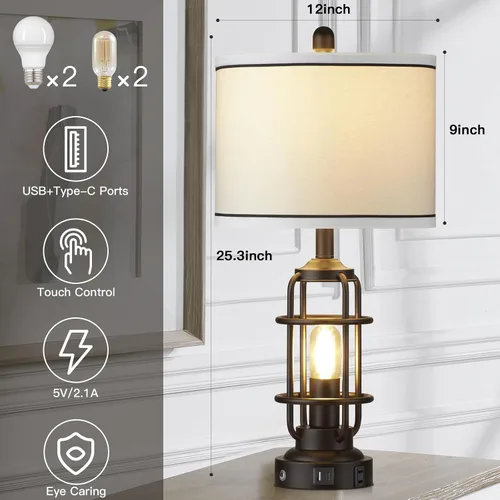 Miniatura 3 de Lámparas de mesa modernas, lámpara de noche industrial regulable de 3 vías con puertos USB A+C y salida de CA, control táctil, lámpara de mesita