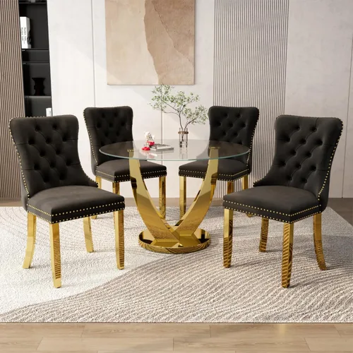 Miniatura 11 de Juego de mesa de comedor redonda de vidrio de 38.9 pulgadas para 4, mesa de cocina redonda dorada con 4 sillas decorativas de terciopelo tapizadas