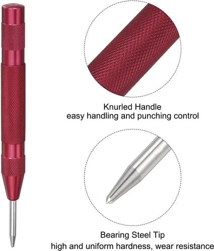Miniatura 3 de uxcell Perforadora central automática, perforadora de agujero central con resorte de 5 pulgadas, herramienta de mano ajustable rojo para madera