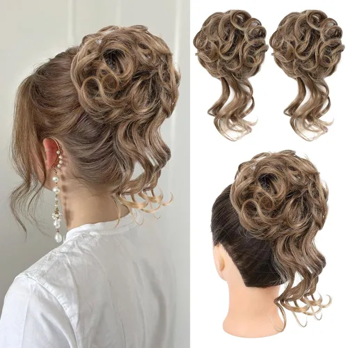 Miniatura 37 de HOOJIH 2 piezas de moño despeinado, recogido despeinado con mechones, extensiones de moño de cabello ondulado rizado, envoltorio de cabello, cola
