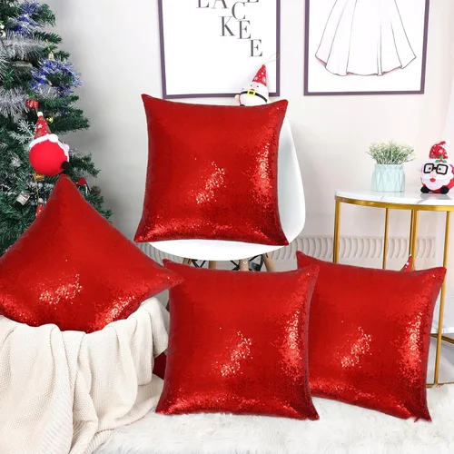 Miniatura 6 de SquarePie Juego de 4 fundas de almohada de lentejuelas de 18 x 18 pulgadas, fundas decorativas de color rojo con purpurina para bodas, fiestas
