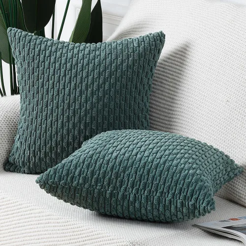 Miniatura 2 de MADIZZ Juego de 2 fundas de almohada decorativas de pana rayadas estilo boho, 22 x 22 pulgadas, verde oscuro suave, funda decorativa para cojín