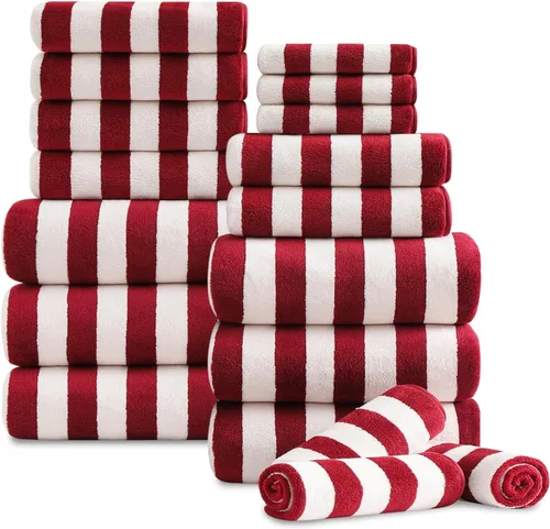 Miniatura 11 de Juego de 18 toallas de baño de rayas color blanco y negro con lazo para colgar, 6 toallas de baño, 6 toallas de mano, 6 toallas familiares, juego