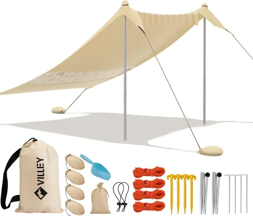Miniatura 10 de Villey Tienda de campaña de playa con protección UPF50+, parasol portátil de 8 x 7 pies con 2 postes de estabilidad, 8 clavijas de tierra, 4 sacos