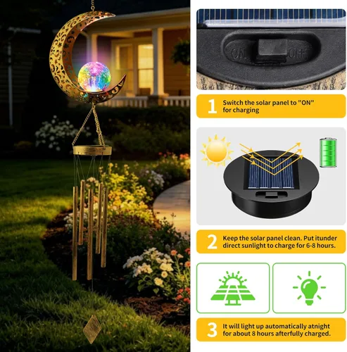 Miniatura 7 de Colorful Solar Moon Wind Chimes for Outside Unique Birthday Mom Gifts for Women Mom Grandma Crackle Glass Ball LED Wind Chimes Solar Lights Outdoor