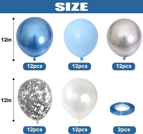 Miniatura 2 de Togvu Globos Azul Metálico Plateado, 60 Piezas de 12 Pulgadas Globos Cromados Azul Blanco con Globos Plateados Globos de Confeti con Purpurina