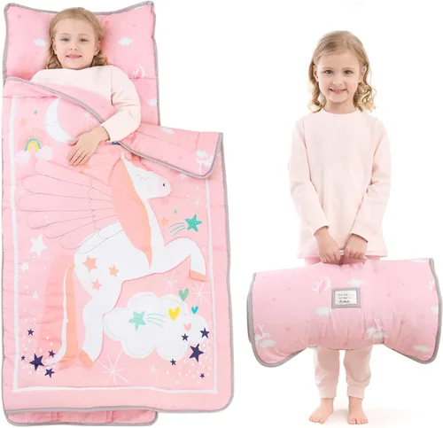 Miniatura 7 de UOMNY Tapete para siesta para niñas y niños pequeños con almohada extraíble y manta con diseño de mariposa, saco de dormir para preescolar