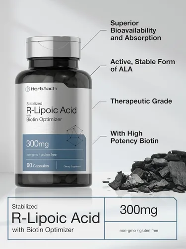 Miniatura 4 de Horbäach Ácido R-lipoico estabilizado de 300 mg 60 cápsulas con optimizador de biotina Sin OMG, sin gluten Suplemento Na-RALA