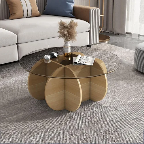 Miniatura 8 de HM&DX Mesa auxiliar redonda de cristal, base de madera maciza y parte superior de vidrio templado transparente, mesa auxiliar de café, mesa central
