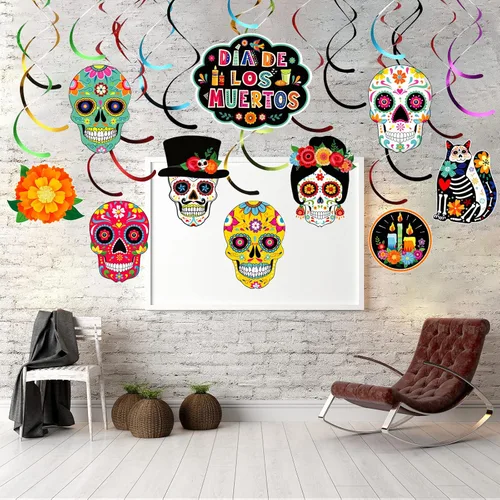 Miniatura 8 de Decoraciones del Día de los Muertos, decoración de remolinos colgantes de calavera de azúcar, decoración del día de los muertos, decoración