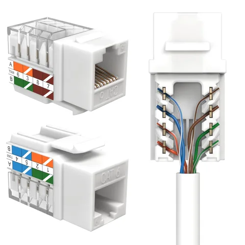 SATMAXIMUM Paquete de 10 conectores de pared Ethernet Keystone Cat6 RJ45 Punch Down Slim Profile UTP blanco, 45 grados para panel de conexión y