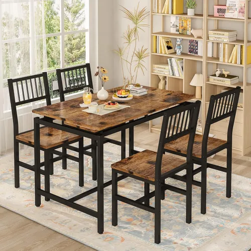 Miniatura 7 de AWQM Juego de mesa de comedor de 43.3 pulgadas para 4, mesa industrial con 4 sillas curvas, juego de mesa de cocina rectangular de 5 piezas
