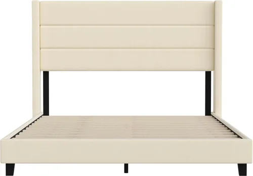 Miniatura 7 de Merrick Lane Percy - Cama de plataforma moderna, lino sintético beige, tamaño Queen, cabecero acolchado con respaldo con alas cosidas de canal