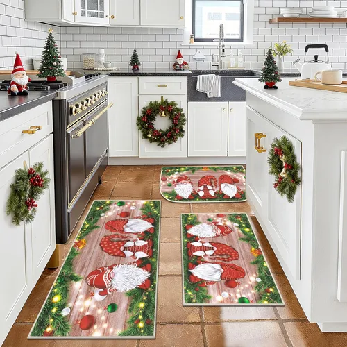Miniatura 6 de Juego de 3 tapetes de cocina de Feliz Navidad, alfombras antideslizantes de cocina para invierno y fiestas navideñas Xmas, alfombra cómoda
