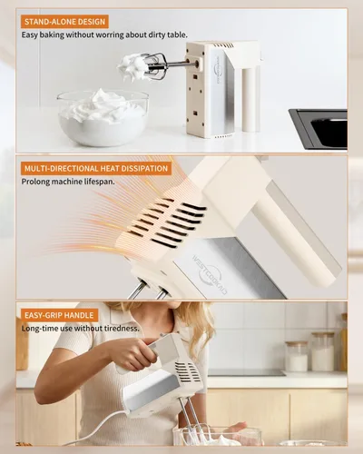 Miniatura 7 de Hand Mixer, 5-Speed Electric Mixer Handheld With 200W Turbo Ultra Power, 4 Stainless Steel Accessories Whipping Egg Cream, Lightweight Hand Mixer