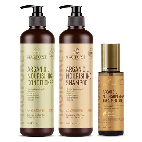 MagiForet Aceite de argán nutritivo para el cuidado diario, champú de 16.9 fl oz + acondicionador de 16.9 fl oz + suero para el cabello 3.4 fl oz,