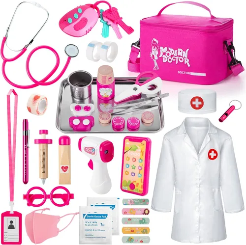 Sundaymot Kit de Doctor para Niñas, 34 piezas juego de simulación, kit de Doctor para niños pequeños de 3 a 5 años, con bolsa médica, estetoscopio y