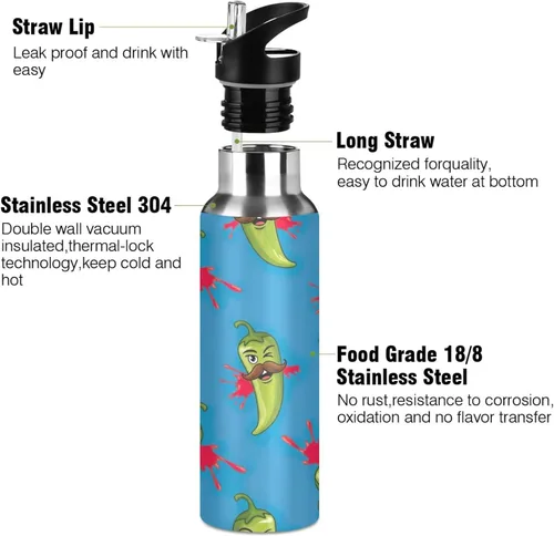 Miniatura 3 de Stainless Steel Vacuum Insulated Water Bottle 20 Oz, BPA-Free Sports Water Bottle for Gym Outdoor Travel School, Green Chili Peppers