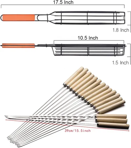 Miniatura 2 de Kabob - Juego de 6 cestas antiadherentes para parrilla y 6 brochetas de acero inoxidable, color naranja, 15.5 pulgadas, acero