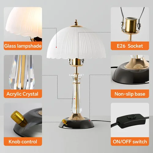 Miniatura 5 de Lámpara de mesa de cristal, lámpara de noche regulable con interruptor de encendido/apagado, modernas lámparas de vidrio para mesitas de noche