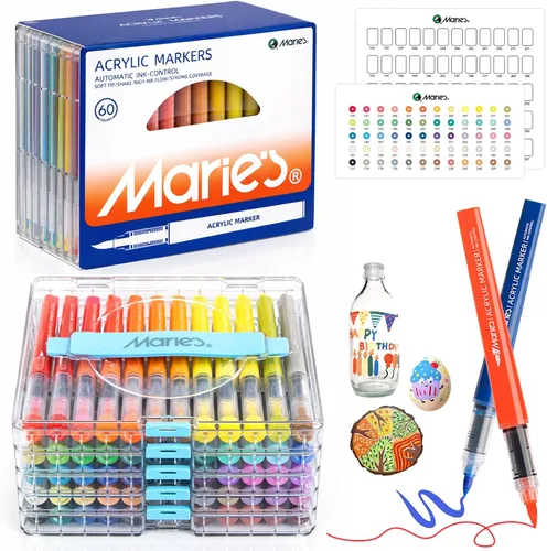 Miniatura 9 de Marie's Marcadores de pintura acrílica, bolígrafos de pintura con punta de pincel a base de agua, estuche organizador transparente, tapas numeradas