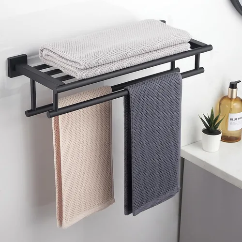 Miniatura 2 de Toallero con estante de 20 pulgadas, toalleros dobles para baño, soporte de toallas de baño negro mate, toallero de acero inoxidable SUS304