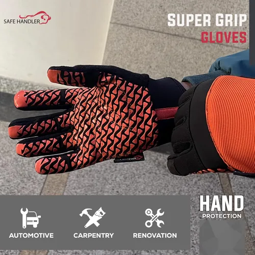 Miniatura 8 de SAFE HANDLER Guantes Super Grip Palma de agarre texturizada, textura antideslizante, correa de muñeca con gancho y bucle, negro/naranja, S/M, 1