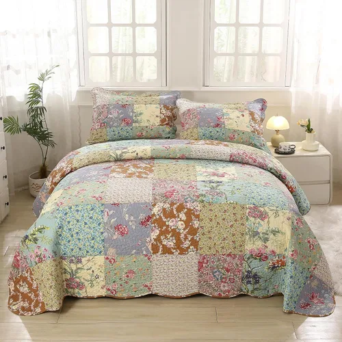 Miniatura 8 de vctops Juego de colcha acolchada de algodón con retazos bohemios, tamaño Twin, 2 piezas, suave, reversible, ligero, juego de cubrecama con estampado