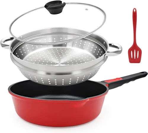 Miniatura 9 de Sartén antiadherente de 12 pulgadas con vaporizador, sartén profunda de 5 cuartos de galón con tapa, utensilios de cocina para cocinar, mango
