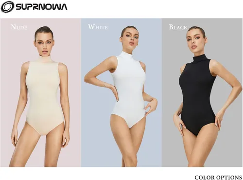 Miniatura 4 de SUPRNOWA Leotardo de cuello alto de manga larga de elastano para mujer