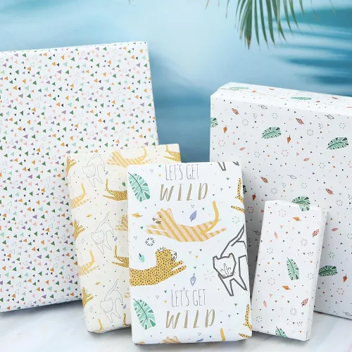 Miniatura 5 de Go Wild Safari Jungle Animals Leopard Cats Monstera Leaf Papel de regalo Hojas planas (4 hojas, 4 diseños: 15 pies cuadrados ttl)-Para niñas