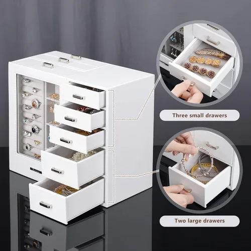 Miniatura 4 de Homde Joyero grande con ventana de cristal, cajones para collares, aretes, anillos, pulseras, relojes, regalo para mujeres y niñas