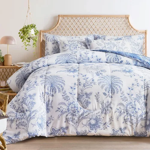 Miniatura 8 de Flysheep Juego de ropa de cama botánica gris en una bolsa, tamaño Queen, 7 piezas, diseño floral elegante con hojas grises aguamarina, para todas