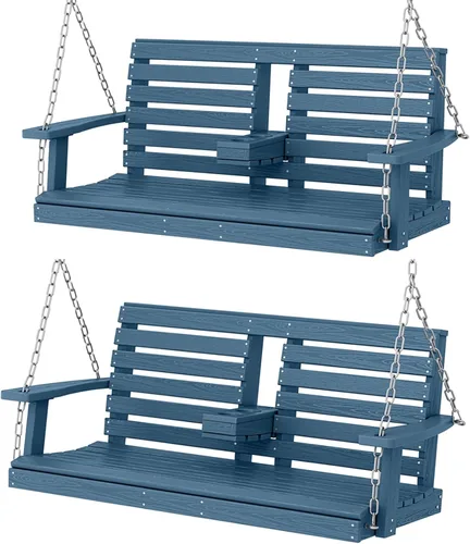Miniatura 66 de KINGYES Columpio colgante para porche al aire libre, silla de columpio de patio de 2 asientos con portavasos, banco impermeable para patio y jardín