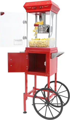 Miniatura 11 de Máquina comercial de palomitas de maíz de 32 onzas con carro, hervidor de acero inoxidable con ruedas, plataforma de calentamiento y vidrio Rojo