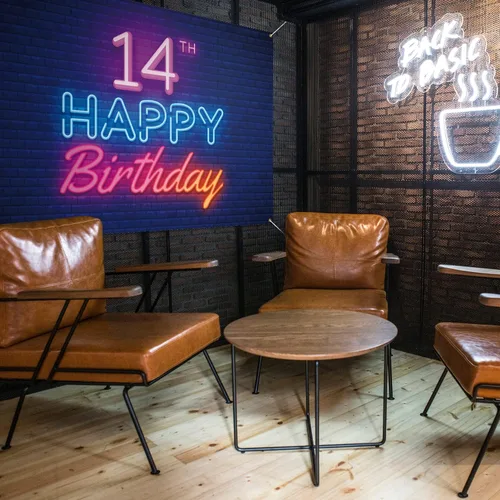 Miniatura 4 de Cartel de fondo de neón brillante con texto en inglés "Happy 14th Birthday", decoración temática de fiesta de cumpleaños de 14 años, suministros