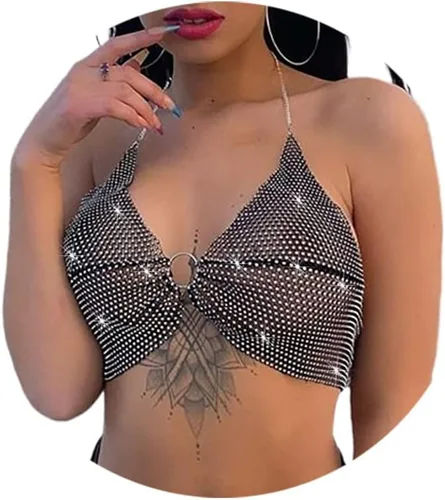 Yokawe Sujetador de cristal sexy, cadena de cuerpo negro brillante con diamantes de imitación para bikini, brasier corto, fiesta, rave, festival,