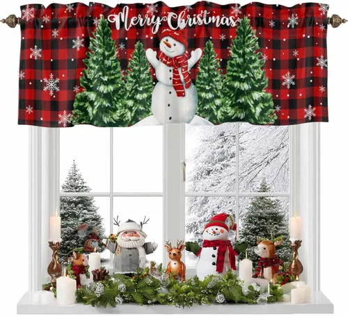 Miniatura 17 de Cenefa de cortina con lazo rojo de Navidad para ventanas, sala de estar, cocina, baño, granja, bolas de Navidad de acuarela con diseño de bayas