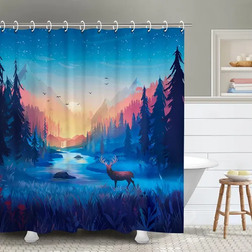 Miniatura 26 de RosieLily Cortina de ducha con diseño de lago de montaña, cielo nocturno estrellado, paisaje de luna y bosque para baño, 72 pulgadas de ancho x 72