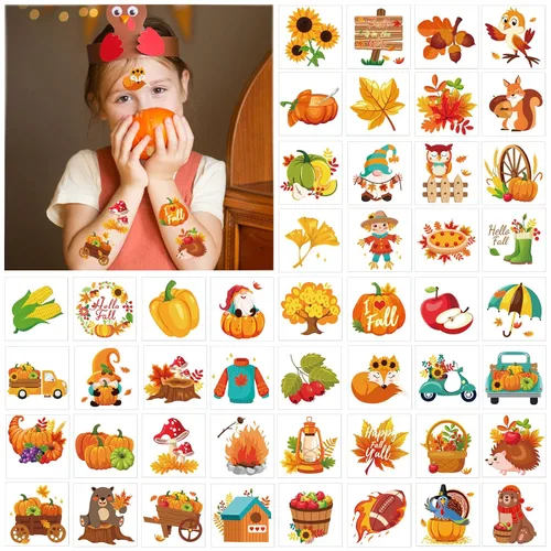 Miniatura 3 de HOWAF 96 tatuajes temporales de otoño, 48 estilos de cosecha de otoño, calcomanías de tatuajes temporales para niños, tatuajes falsos de Acción