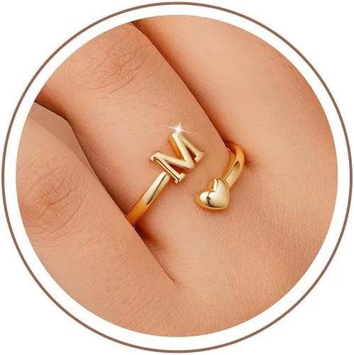 Miniatura 17 de M MOOHAM Anillos de oro para mujeres y niñas – Anillos iniciales con placa de oro de 14 quilates para mujer, no se deslustra, letra A-Z, delicado