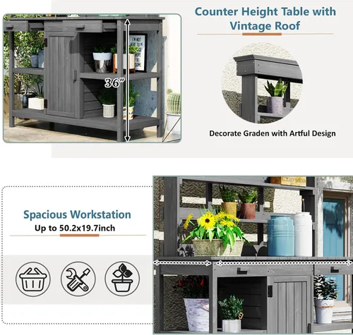 Miniatura 3 de Mesa Grande para Macetas de Exterior de 66" con 2 Cajones, Gabinete, Estantes Abiertos, Banco de Madera para Macetas para Jardín, Patio, Casa